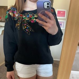 Vintage Embellished Rhinestone Bow Knit Sweater